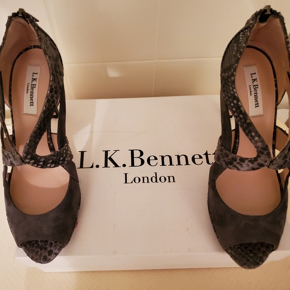 L.K. Bennett Mabel Cutout Brown Suede Python Shoes - Picture 3 of 5